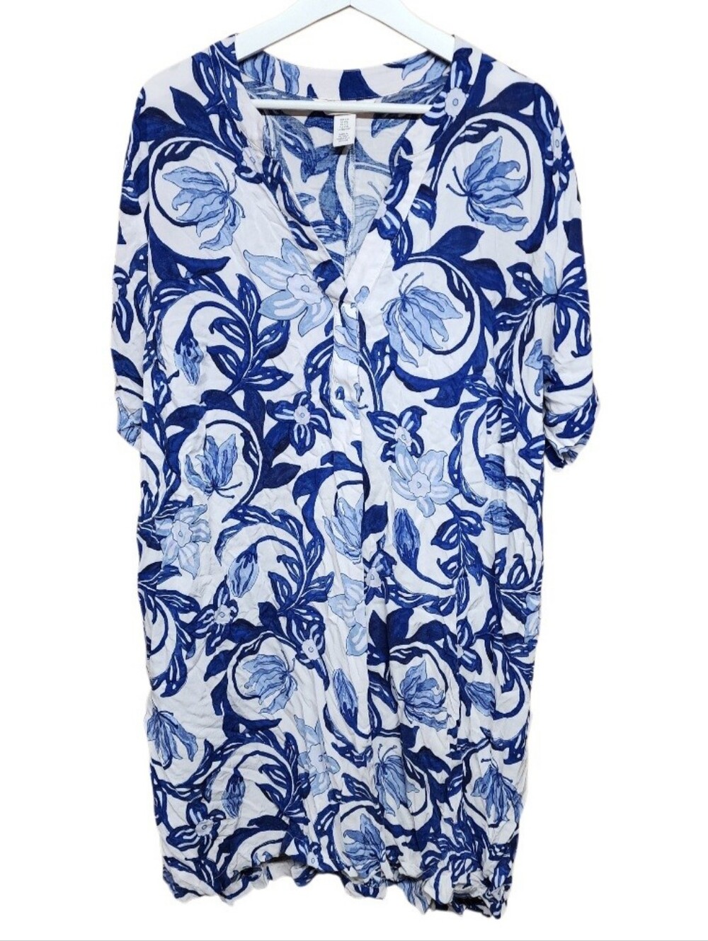 H&M Blue & White Floral Tunic Dress Sz 2X Vacation Coastal Lightweight Casual